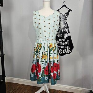iHot Floral Bee 50's Style Sleeveless Belted A Line Pleated Swing Tea Dress NEW